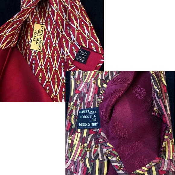 2 Gucci Silk Ties Belt Buckle Print in Red & Gold - Picture 7 of 8